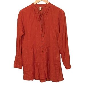 Anthropologie Pilcro Orange Sheer Tunic Embroidered Top  Size S